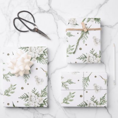 Watercolor Snowberry White Cedar Branch Christmas Wrapping Paper Sheets