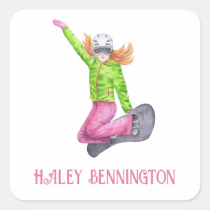 Watercolor Snowboarding Personalized Square Sticker