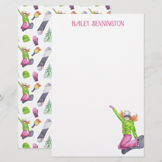 Watercolor Snowboarding Personalized Stationery (Front/Back)
