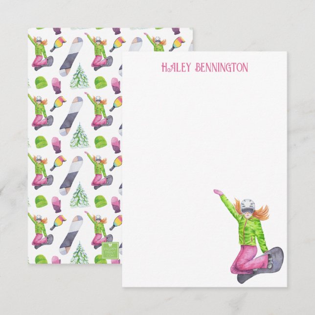 Watercolor Snowboarding Personalized Thank You Card (Front/Back)
