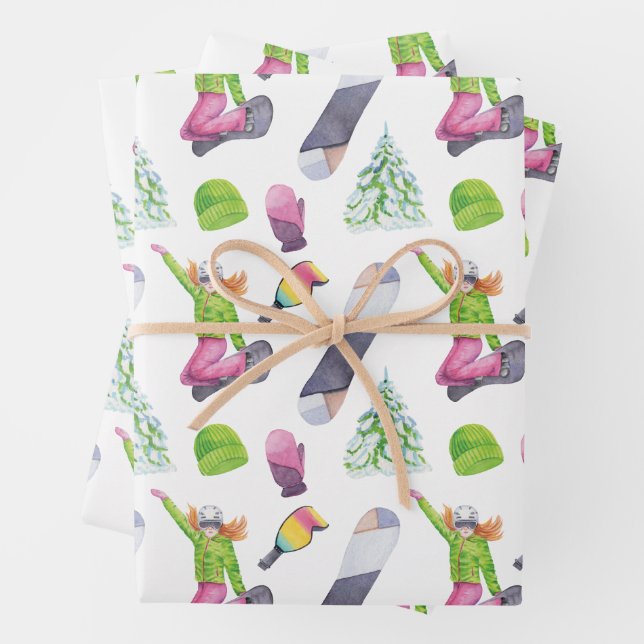 Watercolor Snowboarding Wrapping Paper Sheets (In situ)