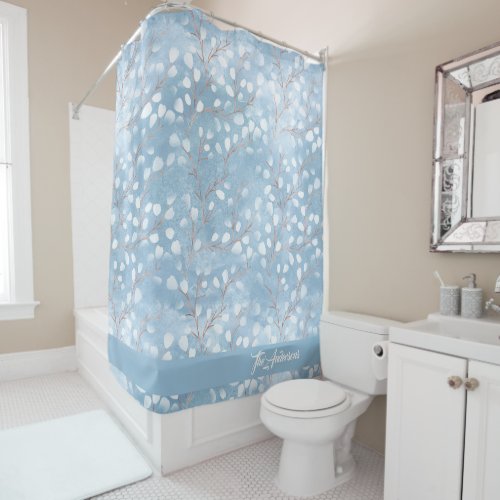 Watercolor Snowdrops Pattern Dusty Blue ID726 Shower Curtain