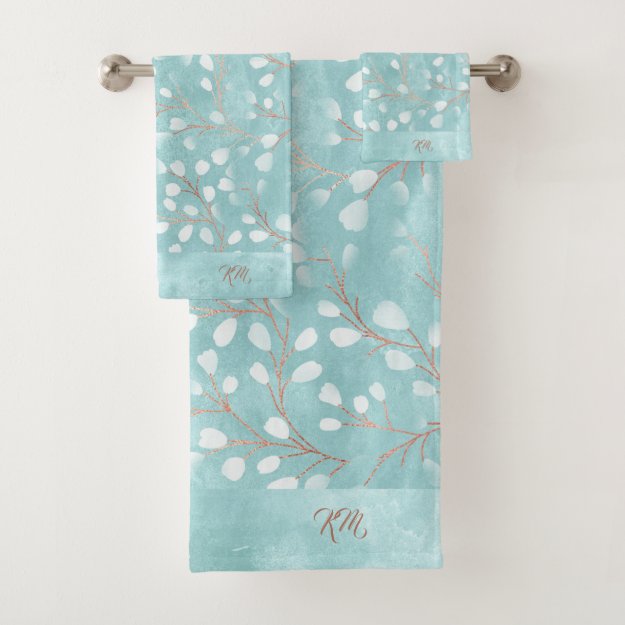 Watercolor Snowdrops Pattern Teal/Copper ID726 Bath Towel Set