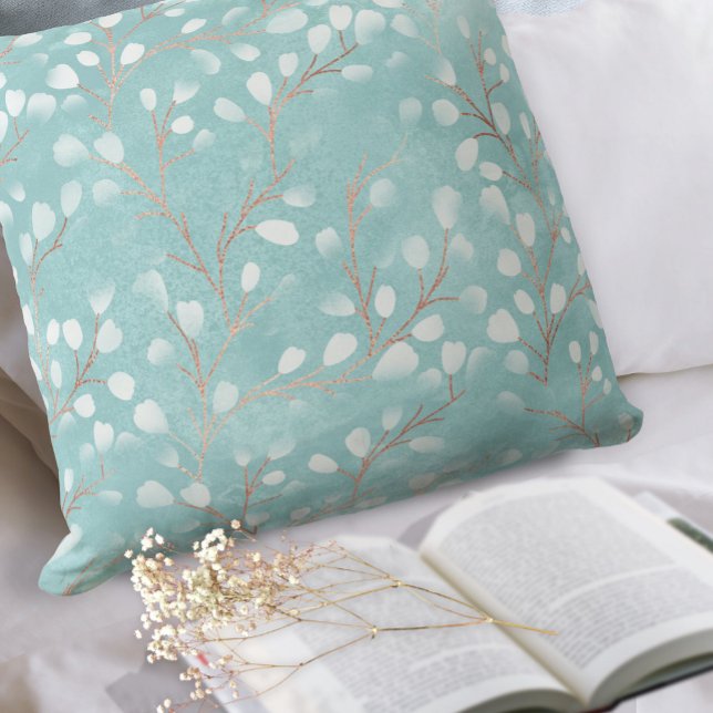 Watercolor Snowdrops Pattern Teal/Copper ID726 Throw Pillow (Creator Uploaded)