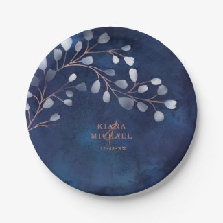 Watercolor Snowdrops Wedding Navy/Copper ID726 Paper Plate