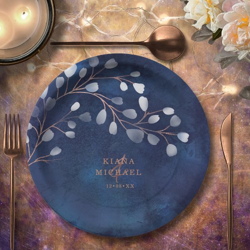 Watercolor Snowdrops Wedding NavyCopper ID726 Paper Plates