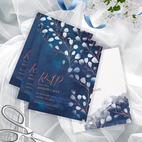 Watercolor Snowdrops Wedding NavyCopper ID726 RSVP Card