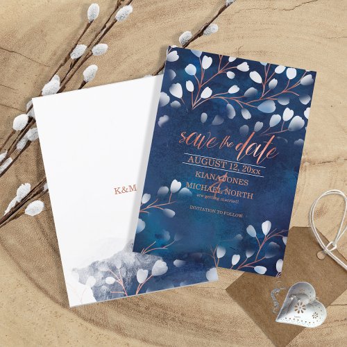 Watercolor Snowdrops Wedding NavyCopper ID726 Save The Date