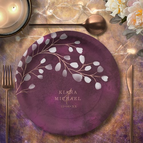 Watercolor Snowdrops Wedding PlumCopper ID726 Paper Plates