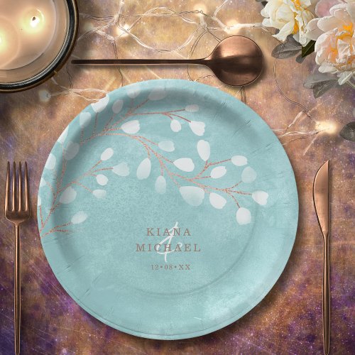 Watercolor Snowdrops Wedding TealCopper ID726 Paper Plates