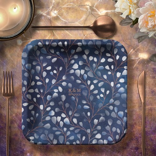 Watercolor Snowdrops Wedding V2 NavyCopper ID726 Paper Plates