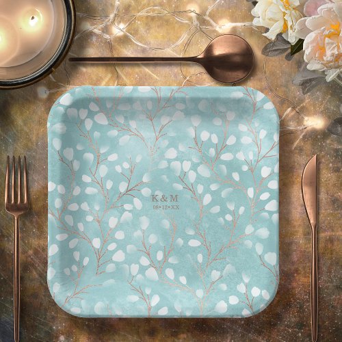 Watercolor Snowdrops Wedding V2 TealCopper ID726 Paper Plates