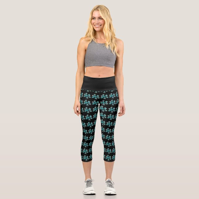Watercolor Snowflake Blue  Black Winter   Capri Leggings (Front)