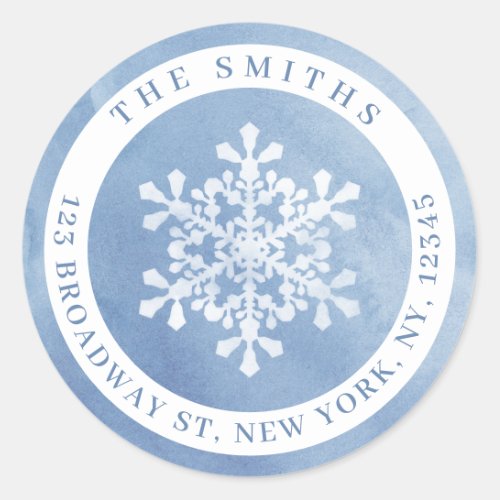 Watercolor Snowflake Blue Christmas Return Address Classic Round Sticker