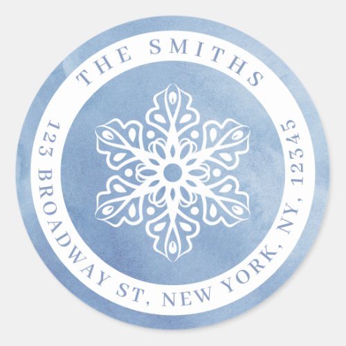 Watercolor Snowflake Blue Christmas Return Address Classic Round Sticker