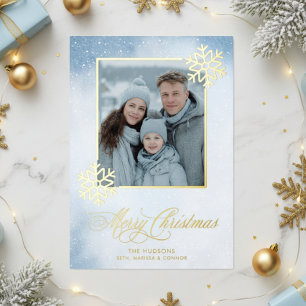 Watercolor Snowflake Blue Photo Merry Christmas Foil Holiday Card