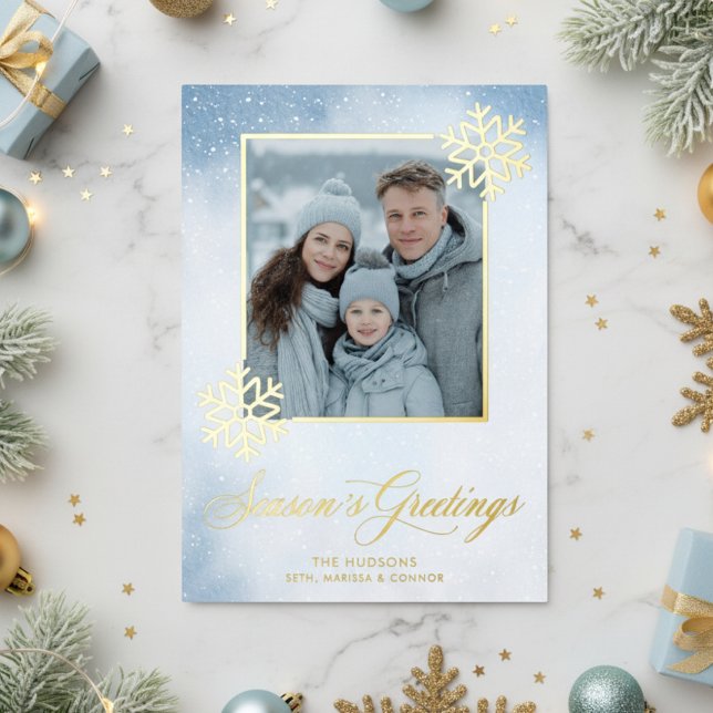 Watercolor Snowflake Blue Photo Seasons Greetings Foil Holiday Card (Creator Uploaded)
