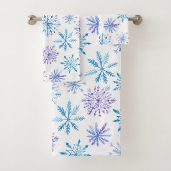Watercolor Snowflakes Blue & Purple Bath Towel Set by TheSillyHippy at Zazzle