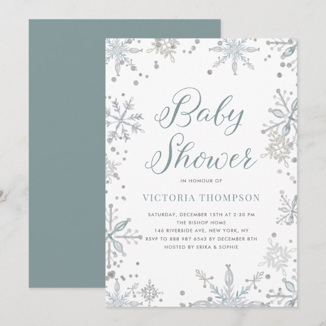 Watercolor Snowflakes Glitter Winter Baby Shower Invitation (Front/Back)