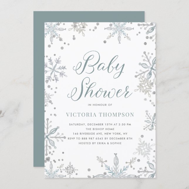 Watercolor Snowflakes Glitter Winter Baby Shower Invitation (Front/Back)