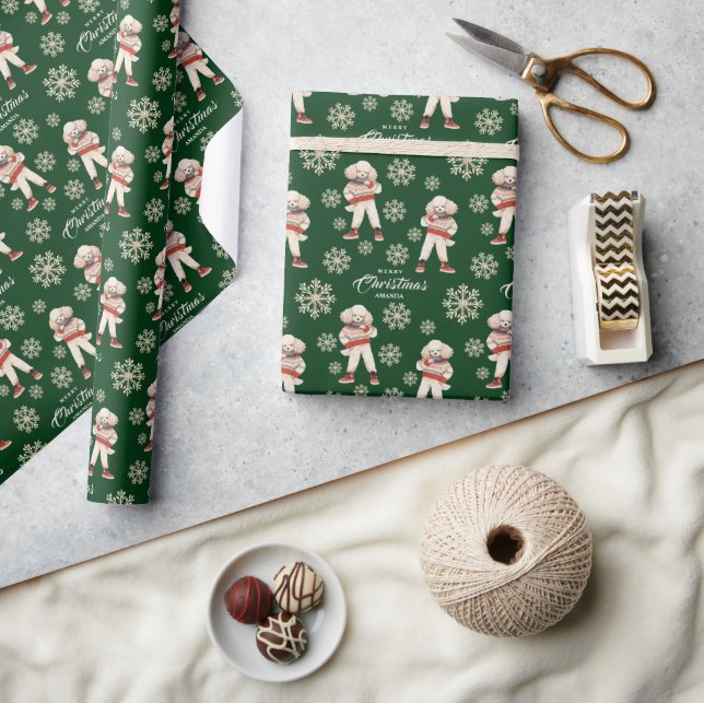 Watercolor Snowflakes Green Poodle Dog Christmas Wrapping Paper (Crafts)
