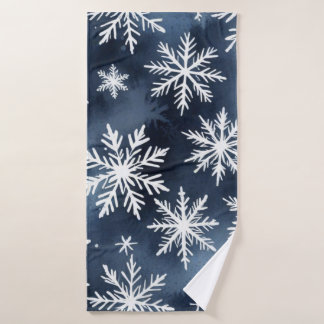Watercolor Snowflakes Pattern in Navy Blue and Whi Bath Towel