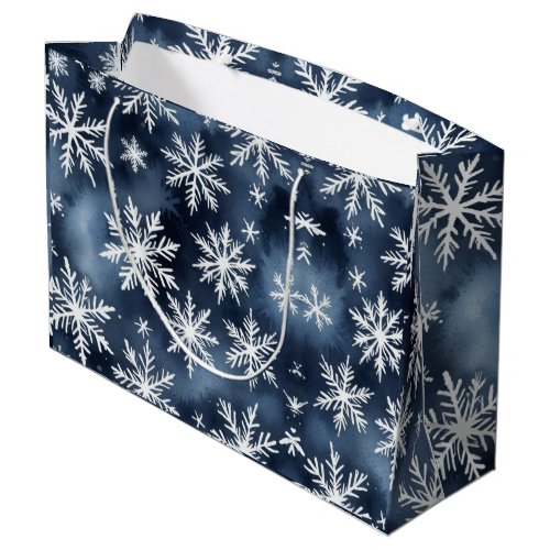 Watercolor Snowflakes Pattern in Navy Blue and Whi Large Gift Bag