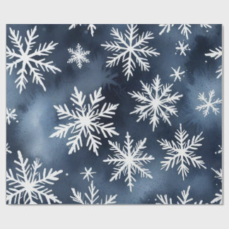 Watercolor Snowflakes Pattern in Navy Blue and Whi Wrapping Paper