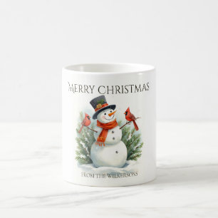 Watercolor Snowman and Cardinals Custom Name Xmas Coffee Mug