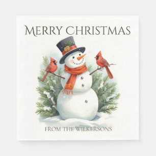 Watercolor Snowman and Cardinals Custom Name Xmas Napkins