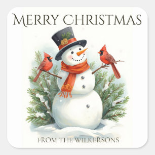 Watercolor Snowman and Cardinals Custom Name Xmas Square Sticker