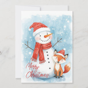 Watercolor Snowman and Fox Woodland Christmas Holiday Card