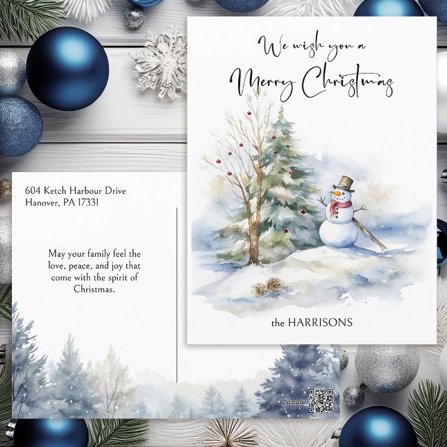 Watercolor Snowman and Merry Christmas Greeting Holiday Postcard (Creator Uploaded)