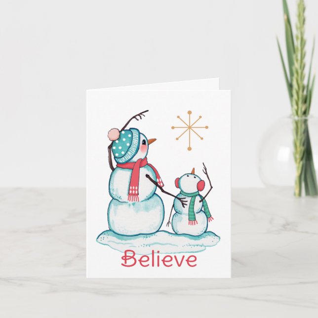 Watercolor Snowman and Star Believe Greeting Card (Front)