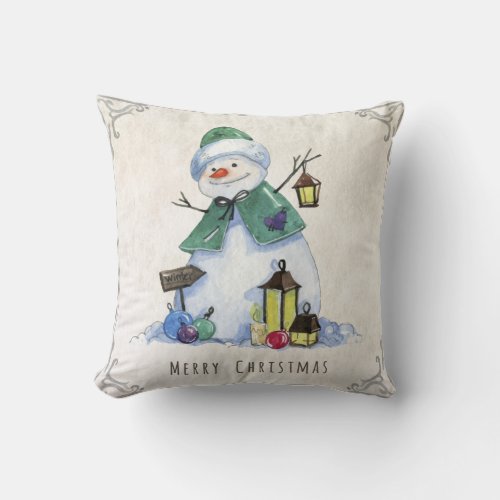 Watercolor Snowman Christmas Holiday Throw Pillow