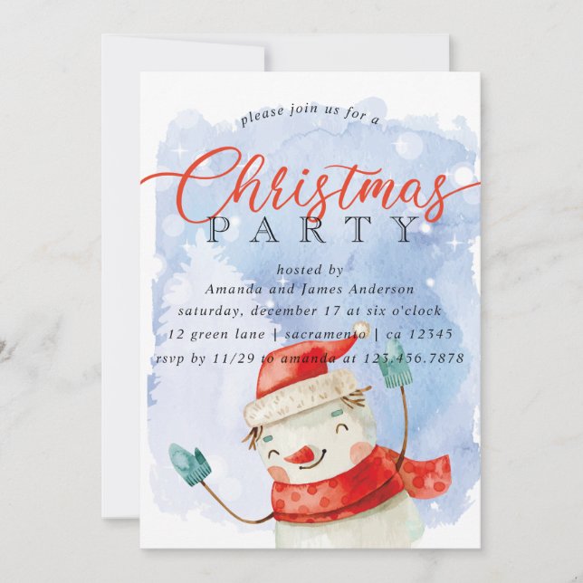 Watercolor Snowman Christmas Party Invitation (Front)