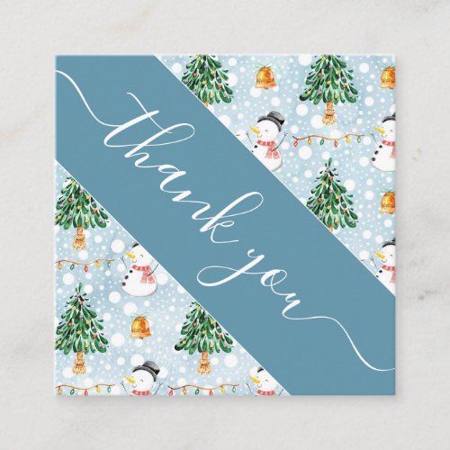 Watercolor Snowman Christmas Tree Blue Thank You  Square Business Card