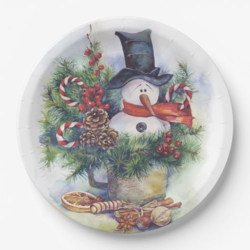 Watercolor snowman Christmas tree New Year winter Paper Plates