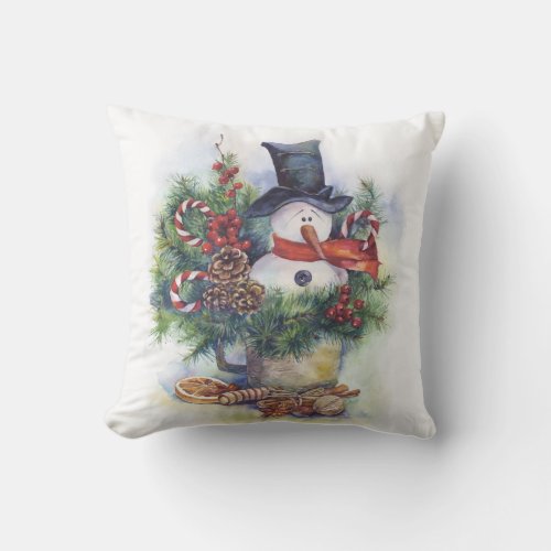 Watercolor snowman Christmas tree New Year winter Throw Pillow