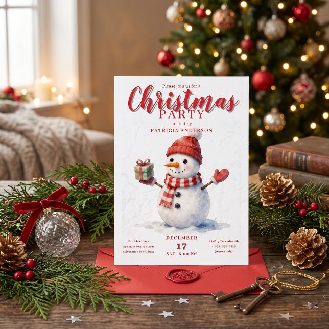 Watercolor Snowman Classic Red Christmas Party Invitation (Creator Uploaded)