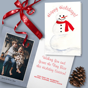 Watercolor Snowman Cute Happy Holidays Photo Holiday Card by ZingerBug at Zazzle