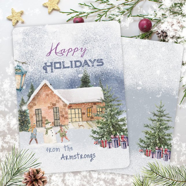 Watercolor Snowman Family Scene Christmas Holiday Card (Watercolor Christmas Snowman Family Scene Holiday Card ©Susanne Sachers - Sunny Mind 🌞)