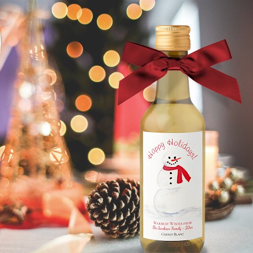 Watercolor Snowman Happy Holidays Mini Christmas Wine Label
