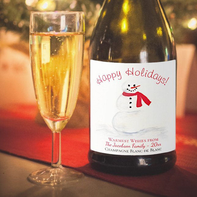 Watercolor Snowman Happy Holidays Red & White Sparkling Wine Label (In Situ with Glass)