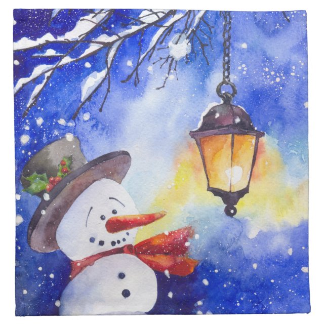 Watercolor snowman Merry Christmas New Year night Cloth Napkin (Front)
