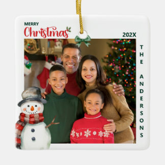 Watercolor Snowman One Photo Festive Christmas Ceramic Ornament