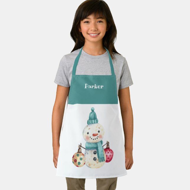 Watercolor Snowman Ornament Pattern Kids Holiday Apron (Insitu)