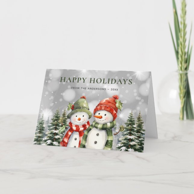 Watercolor Snowman Poinsettia Happy Holidays Holiday Card (Front)