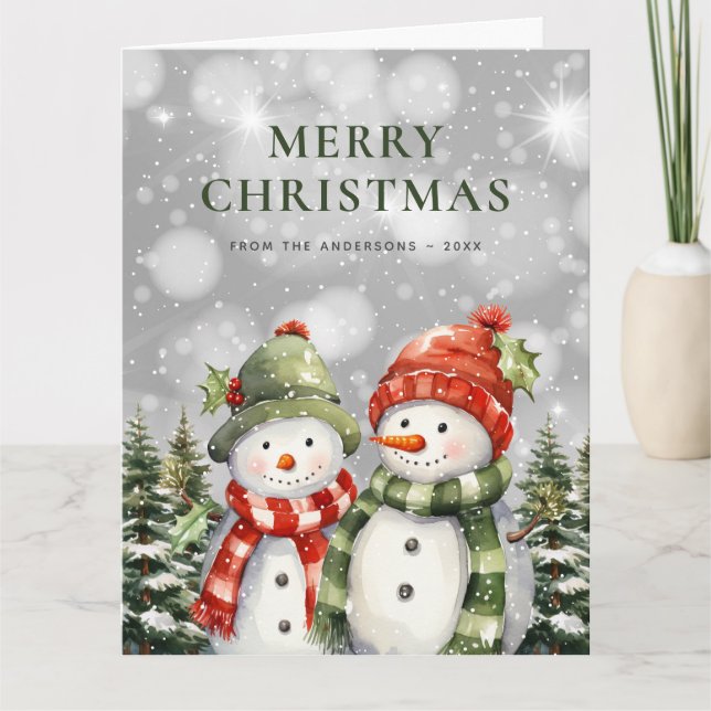 Watercolor Snowman Poinsettia Merry Christmas Card (Front)
