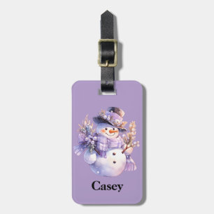 Watercolor Snowman Purple Plaid Scarf Winter ID Luggage Tag